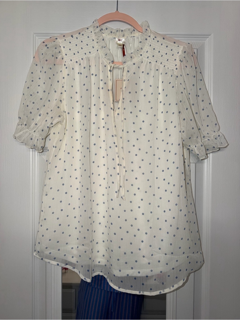 Cream Polka Dot Tie-Neck Blouse with Smocked Yoke NWT